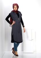 Tesettür giyim GRİ ALVİNA KAPÜŞONLU KUŞAKLI YELEK 4514 