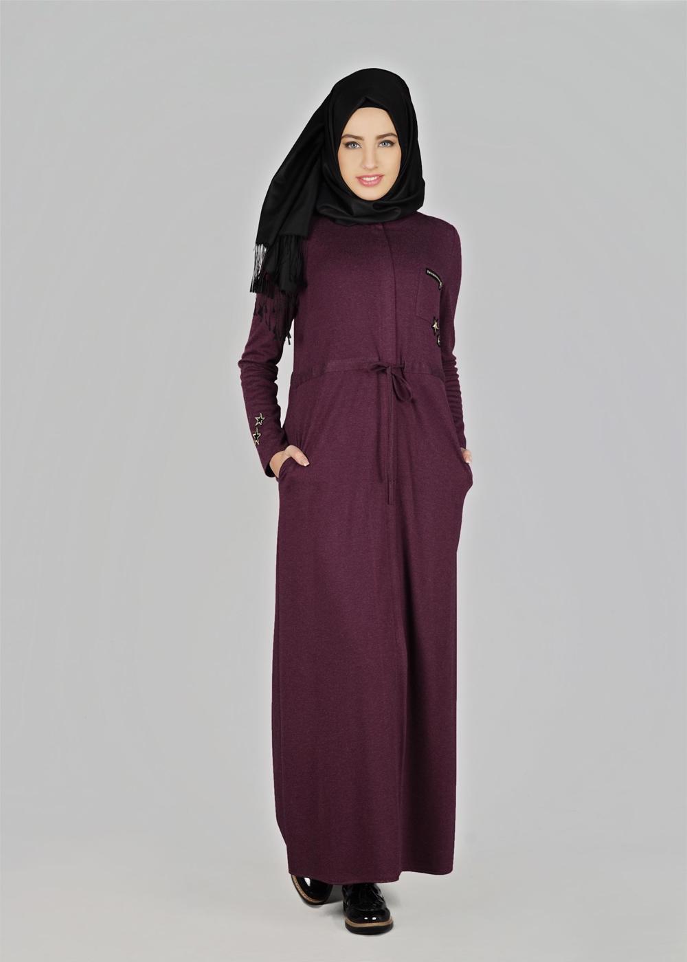 Tesettür giyim MOR BELİ BÜZGÜLÜ UZUN TUNİK 4955 