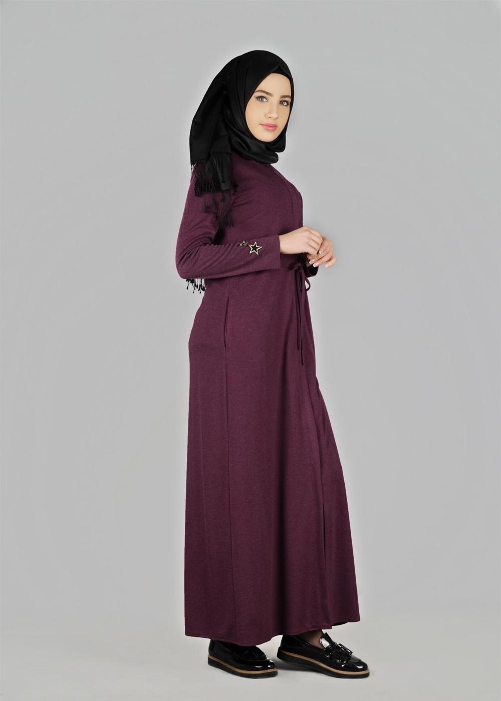 Tesettür giyim MOR BELİ BÜZGÜLÜ UZUN TUNİK 4955 