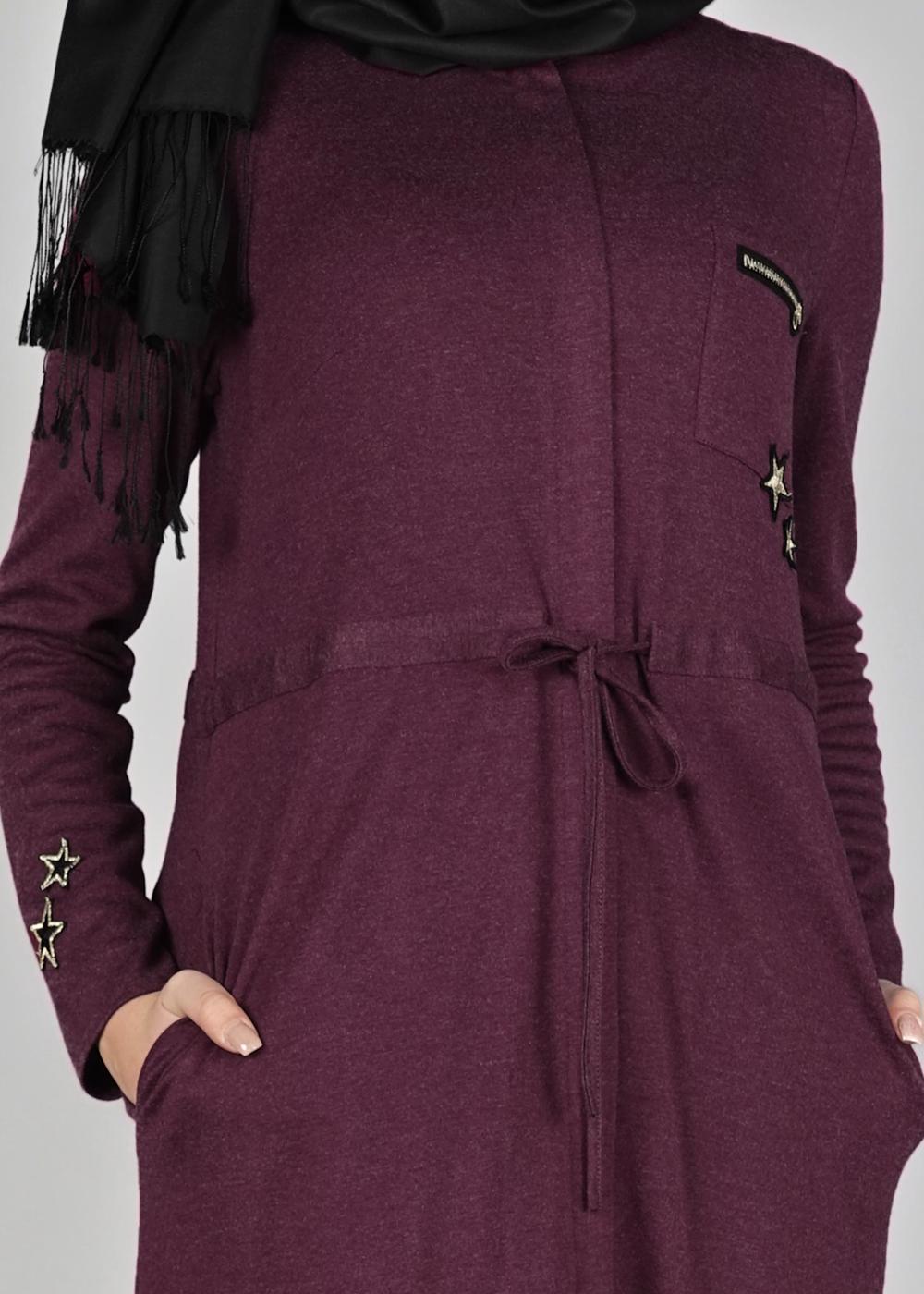 Tesettür giyim MOR BELİ BÜZGÜLÜ UZUN TUNİK 4955 