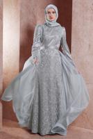 Tesettür giyim GRİ ALVİNA GÜPÜR DETAYLI ABİYE ELBİSE T 50010