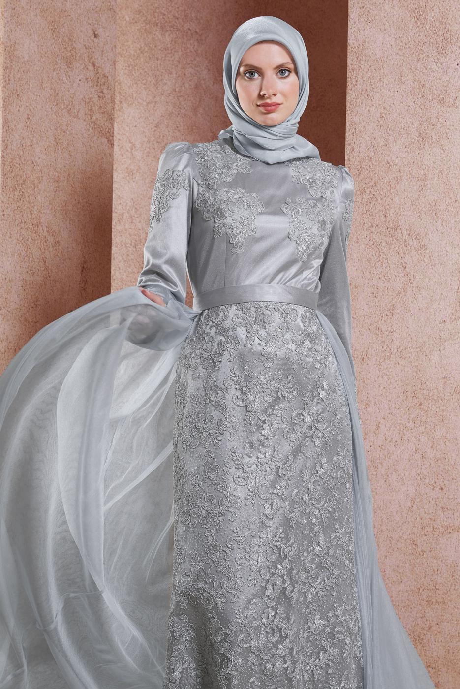 Tesettür giyim GRİ ALVİNA GÜPÜR DETAYLI ABİYE ELBİSE T 50010