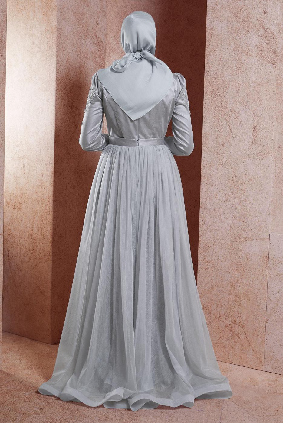 Tesettür giyim GRİ ALVİNA GÜPÜR DETAYLI ABİYE ELBİSE T 50010