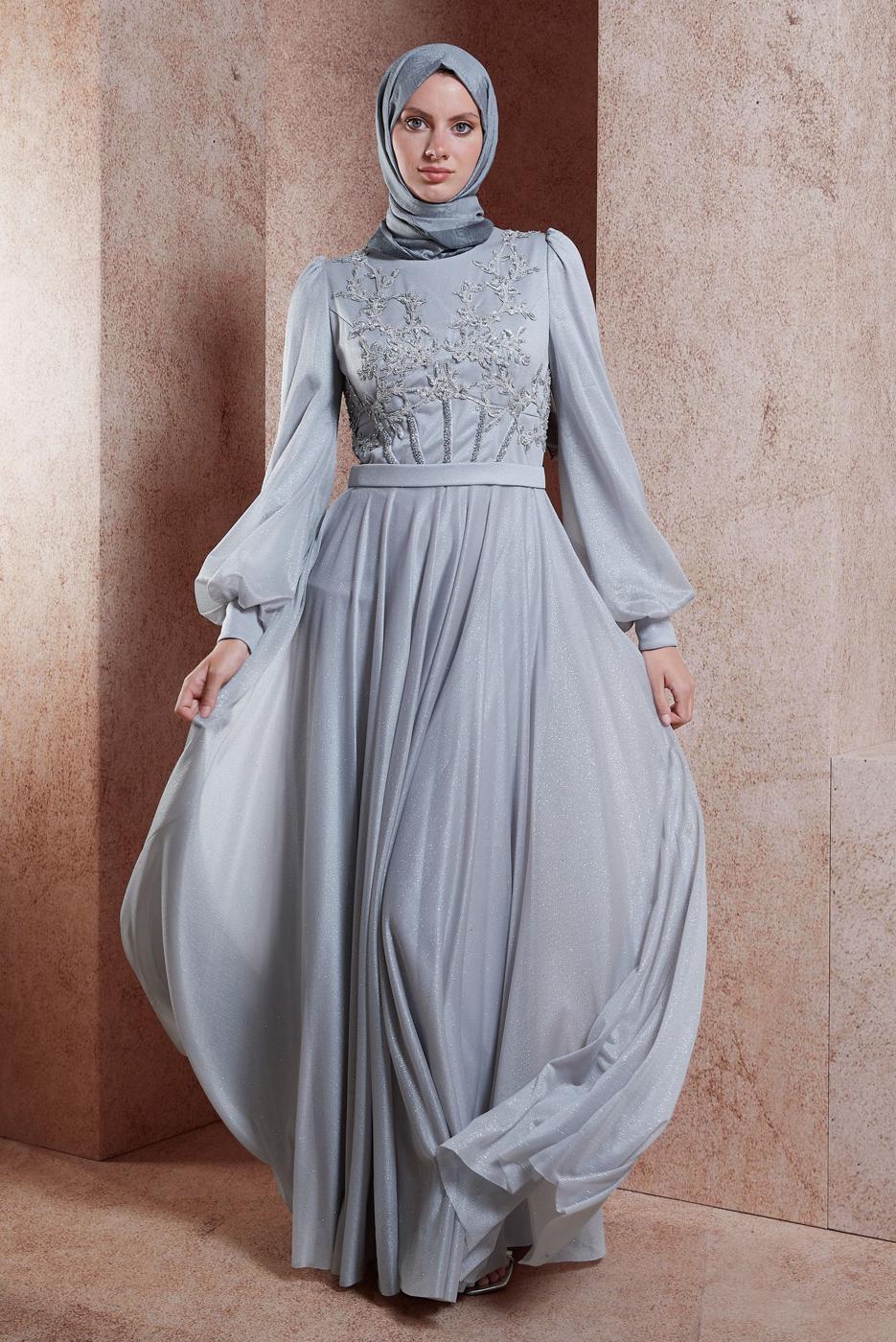 Tesettür giyim GRİ ALVİNA İŞLEME DETAYLI ABİYE ELBİSE T 50013