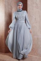 Tesettür giyim GRİ ALVİNA İŞLEME DETAYLI ABİYE ELBİSE T 50013