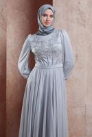 Tesettür giyim GRİ ALVİNA İŞLEME DETAYLI ABİYE ELBİSE T 50013
