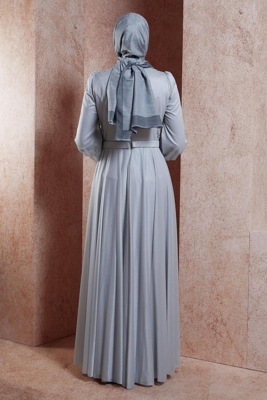 Tesettür giyim GRİ ALVİNA İŞLEME DETAYLI ABİYE ELBİSE T 50013