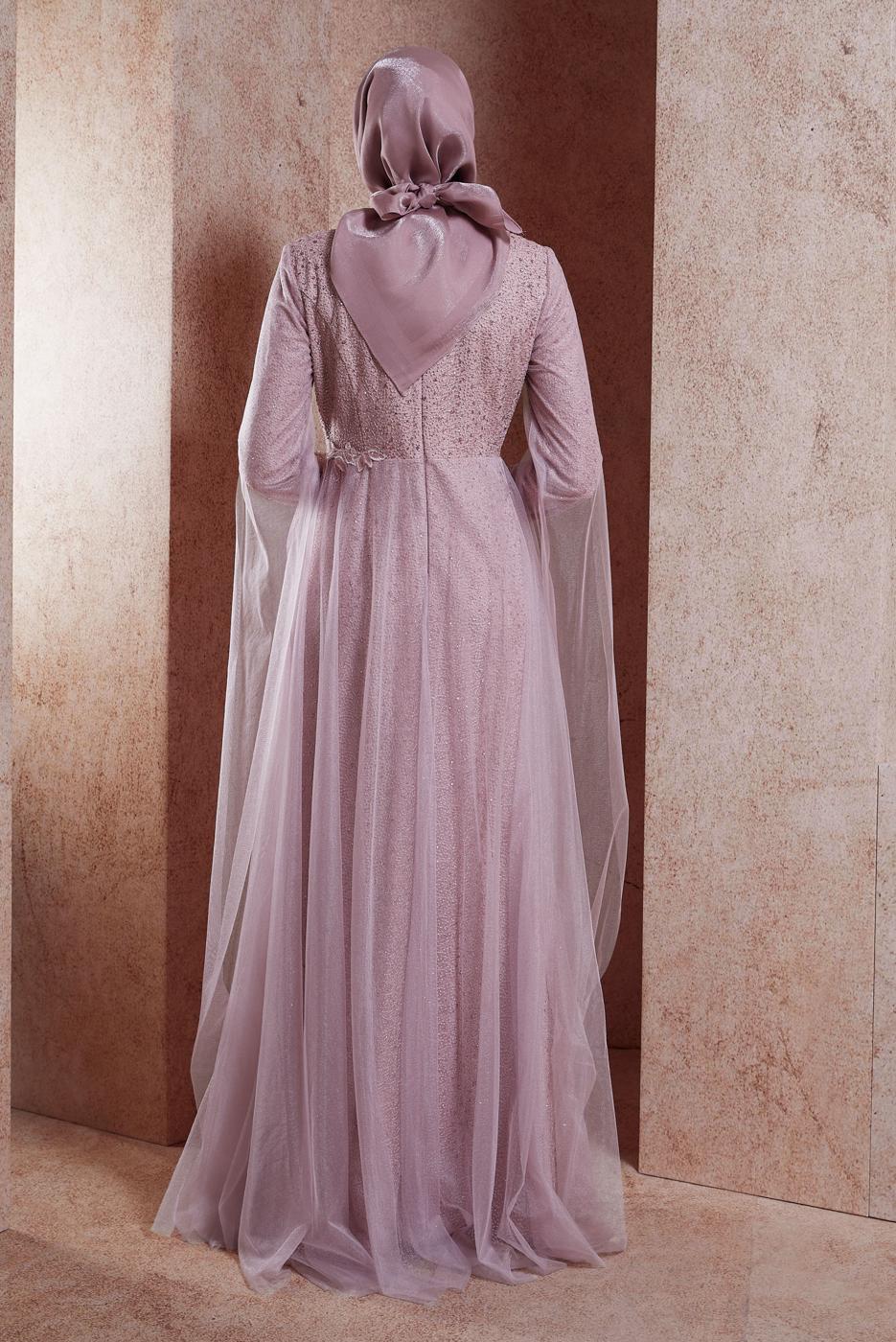 Tesettür giyim MOR ALVİNA TAŞLI ABİYE ELBİSE T 50036