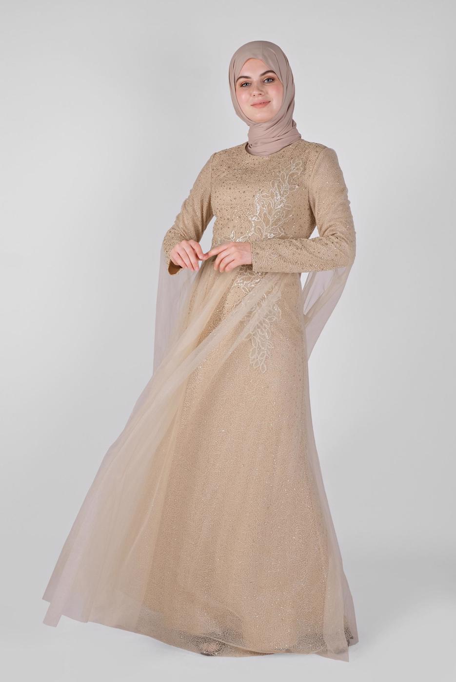 Tesettür giyim ALTIN ALVİNA TAŞLI ABİYE ELBİSE T 50036