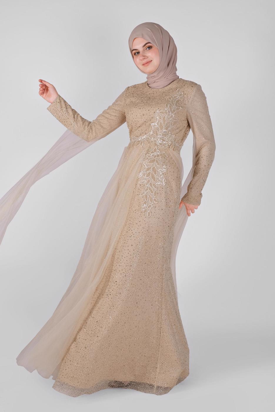 Tesettür giyim ALTIN ALVİNA TAŞLI ABİYE ELBİSE T 50036