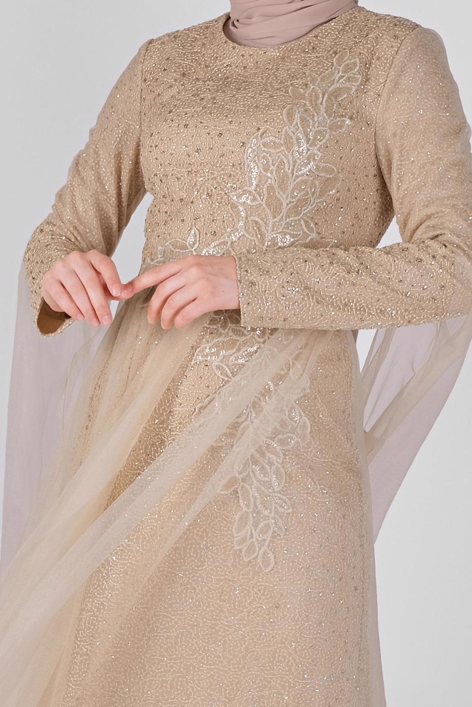 Tesettür giyim ALTIN ALVİNA TAŞLI ABİYE ELBİSE T 50036