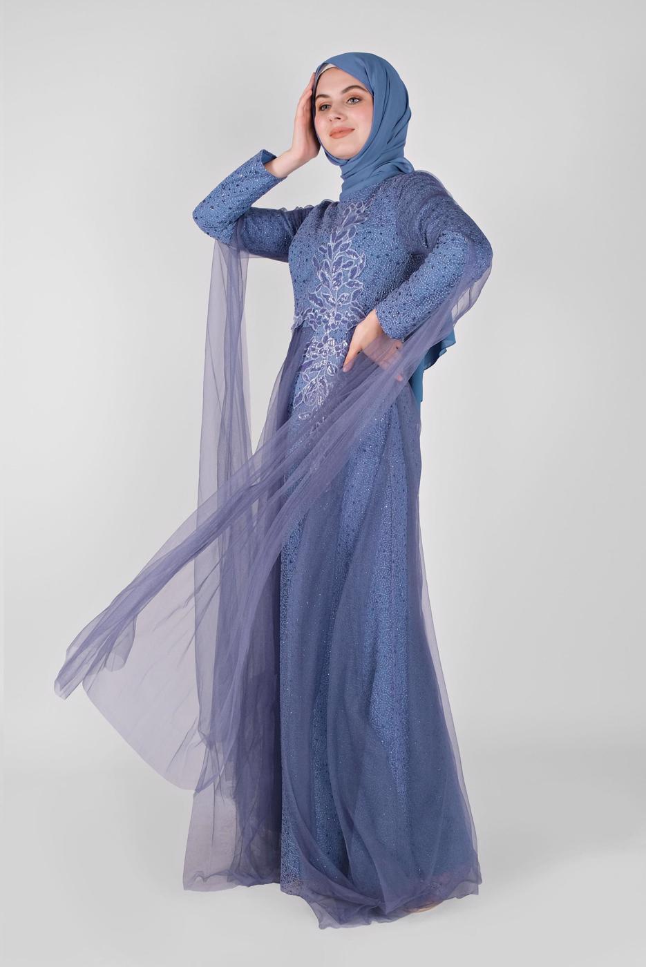Tesettür giyim LACİVERT ALVİNA TAŞLI ABİYE ELBİSE T 50036