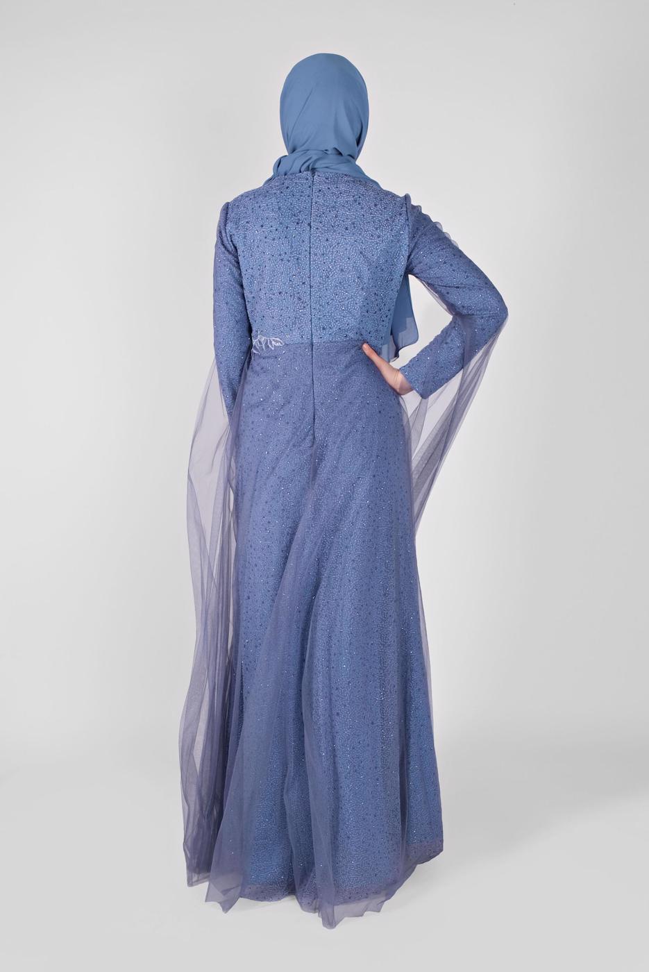 Tesettür giyim LACİVERT ALVİNA TAŞLI ABİYE ELBİSE T 50036