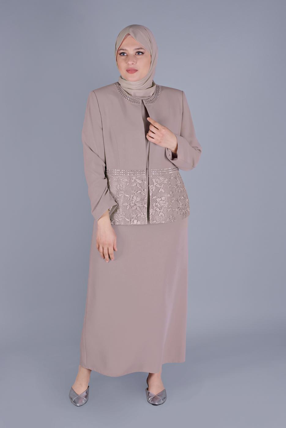 Hijab clothing CREAM PATTERNED JEWELED 3-PIECE SKIRT SUIT SET