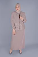 Hijab clothing CREAM PATTERNED JEWELED 3-PIECE SKIRT SUIT SET