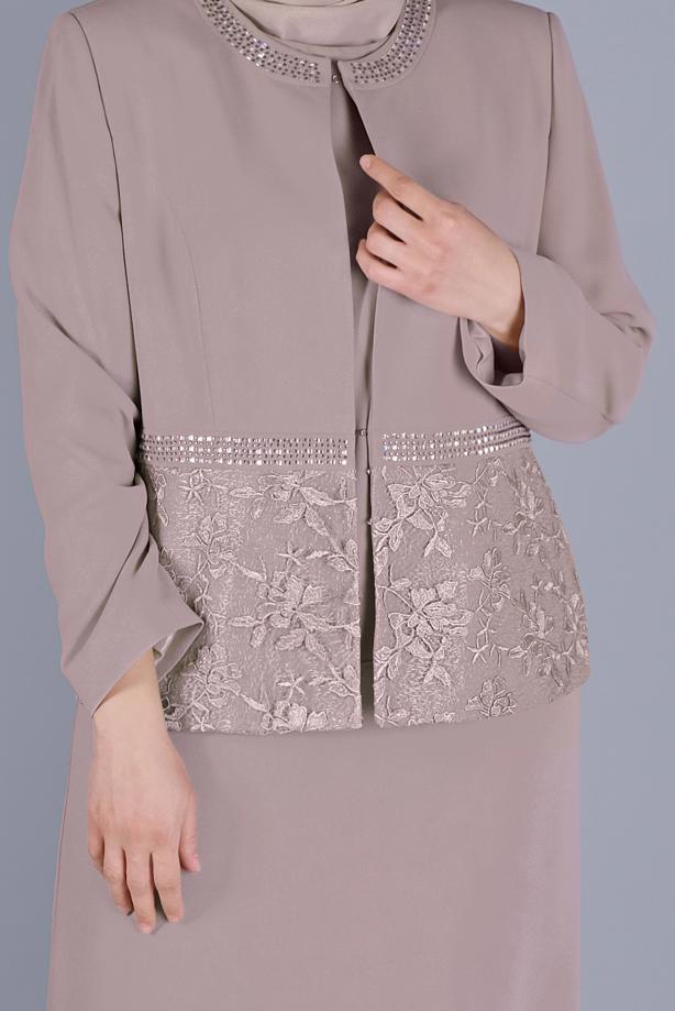 Hijab clothing CREAM PATTERNED JEWELED 3-PIECE SKIRT SUIT SET - TRENDTESETTÜR