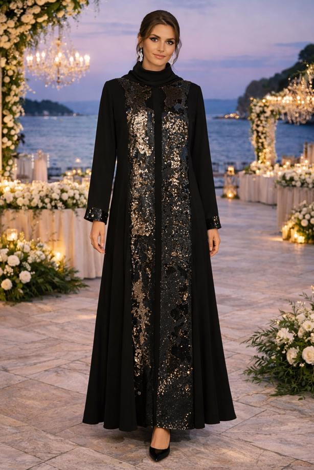 Tesettür giyim SİYAH ALVİNA PUL PAYETLİ ELBİSELİ TAKIM T 3550 - TRENDTESETTÜR