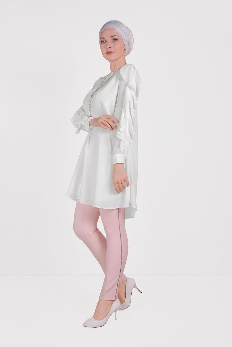 Tesettür giyim KREM ALVİNA KOLLARI FIRFIRLI TUNİK T 40565