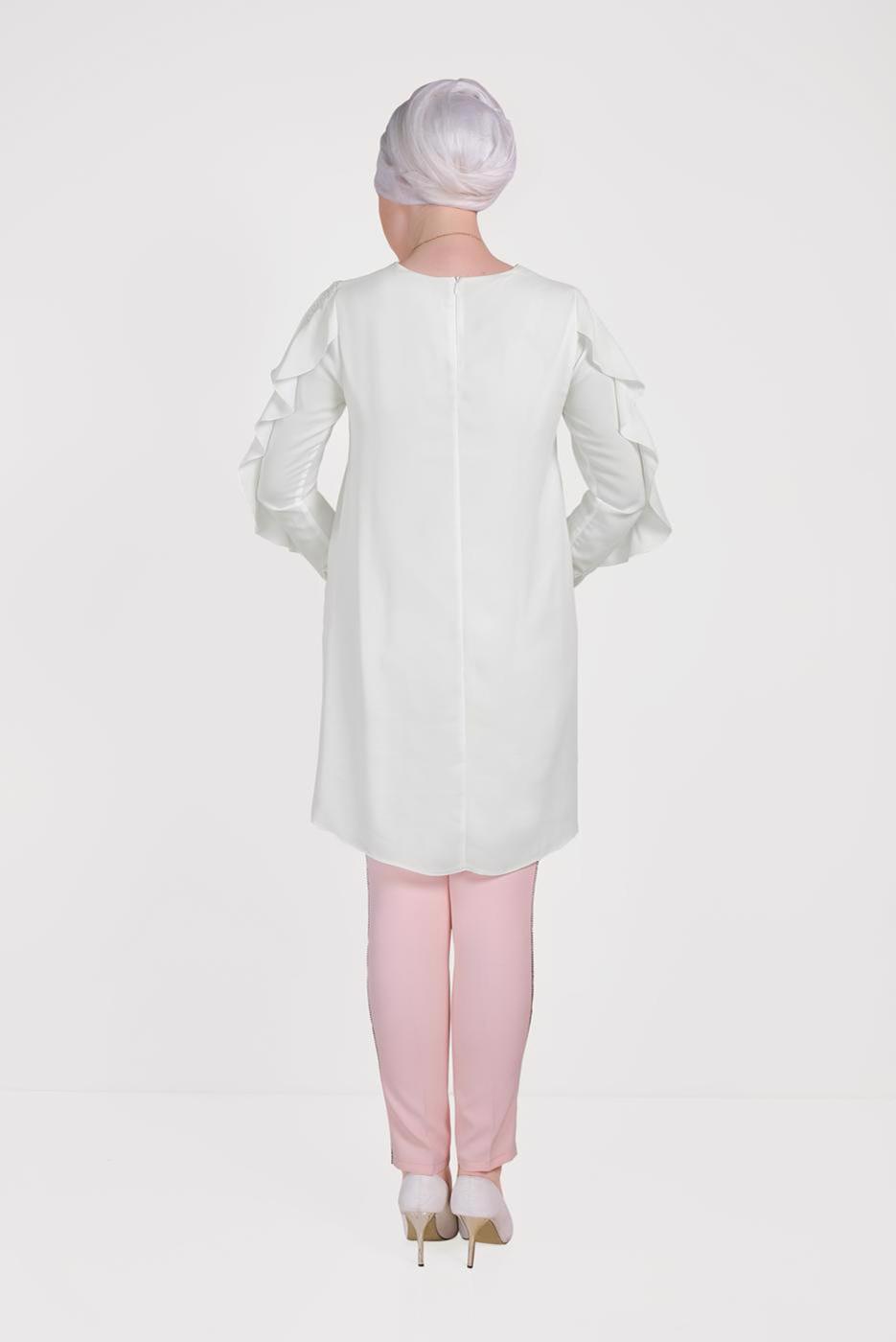 Tesettür giyim KREM ALVİNA KOLLARI FIRFIRLI TUNİK T 40565