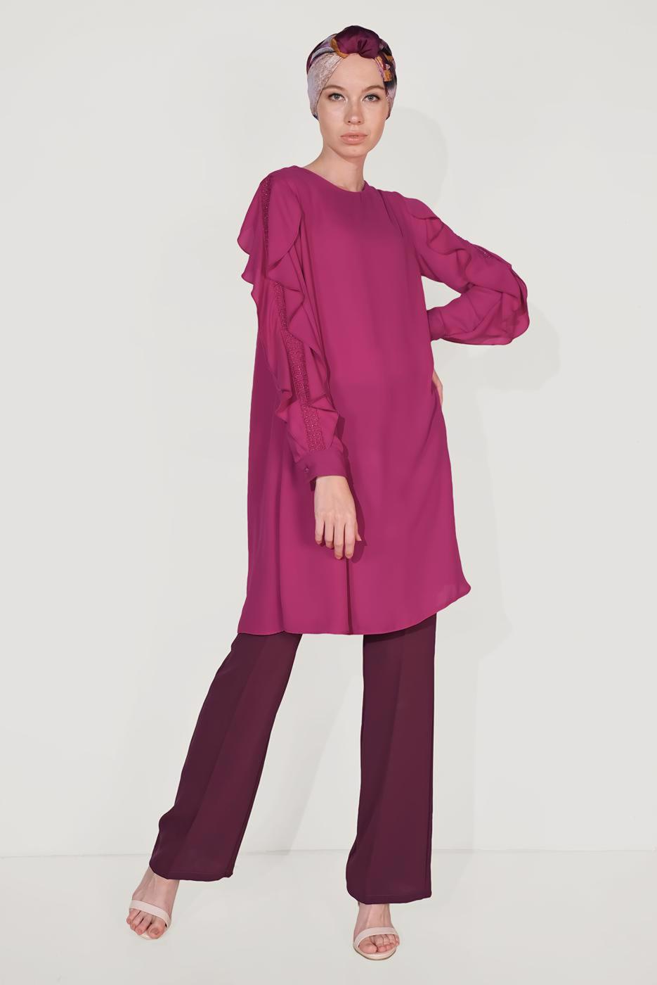 Tesettür giyim MOR ALVİNA KOLLARI FIRFIRLI TUNİK T 40565