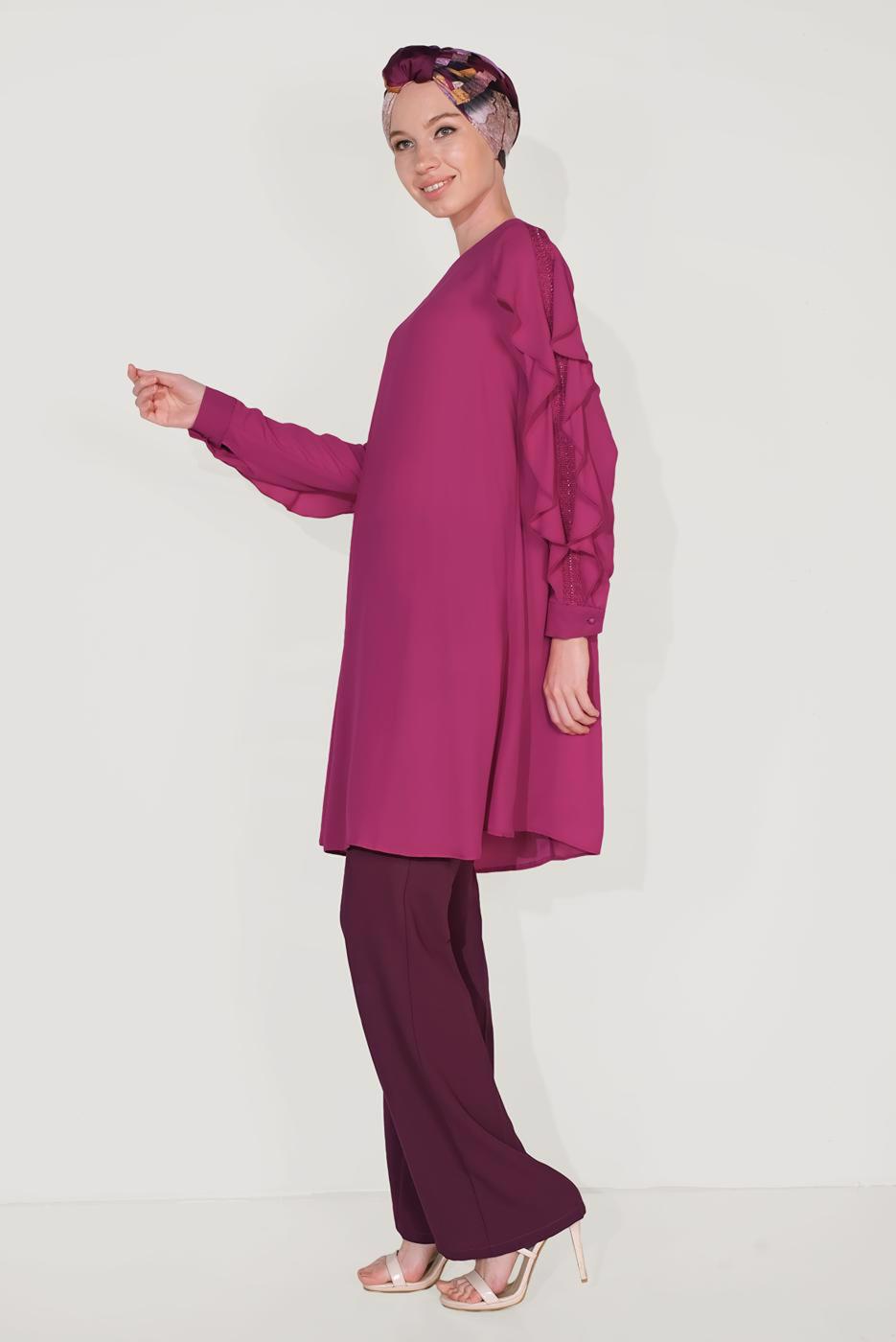 Tesettür giyim MOR ALVİNA KOLLARI FIRFIRLI TUNİK T 40565