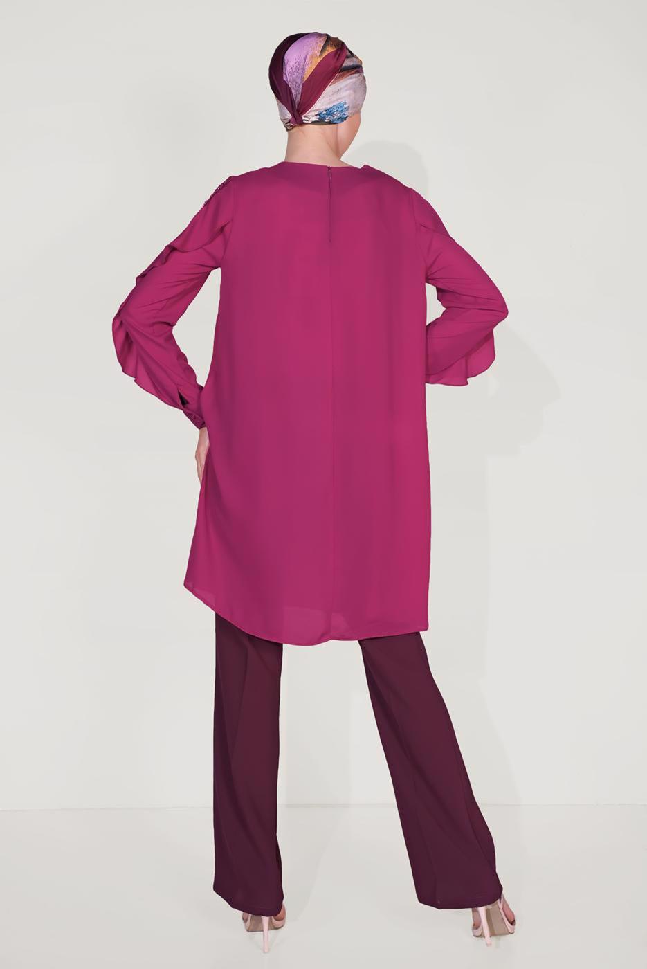 Tesettür giyim MOR ALVİNA KOLLARI FIRFIRLI TUNİK T 40565