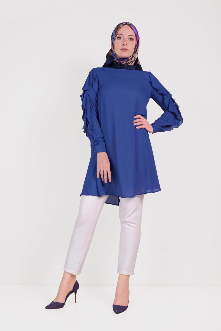 Tesettür giyim LACİVERT ALVİNA KOLLARI FIRFIRLI TUNİK T 40565