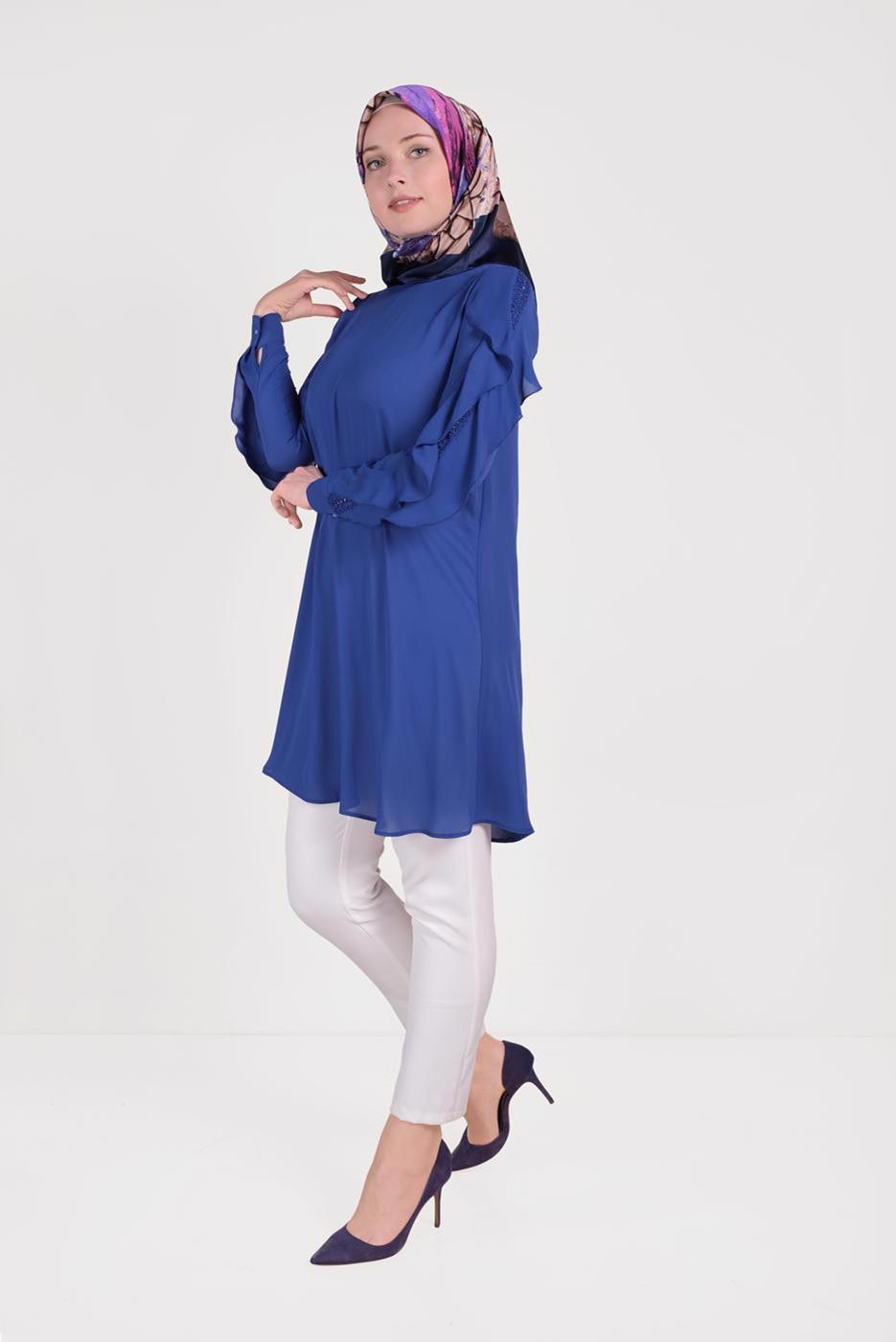 Tesettür giyim LACİVERT ALVİNA KOLLARI FIRFIRLI TUNİK T 40565