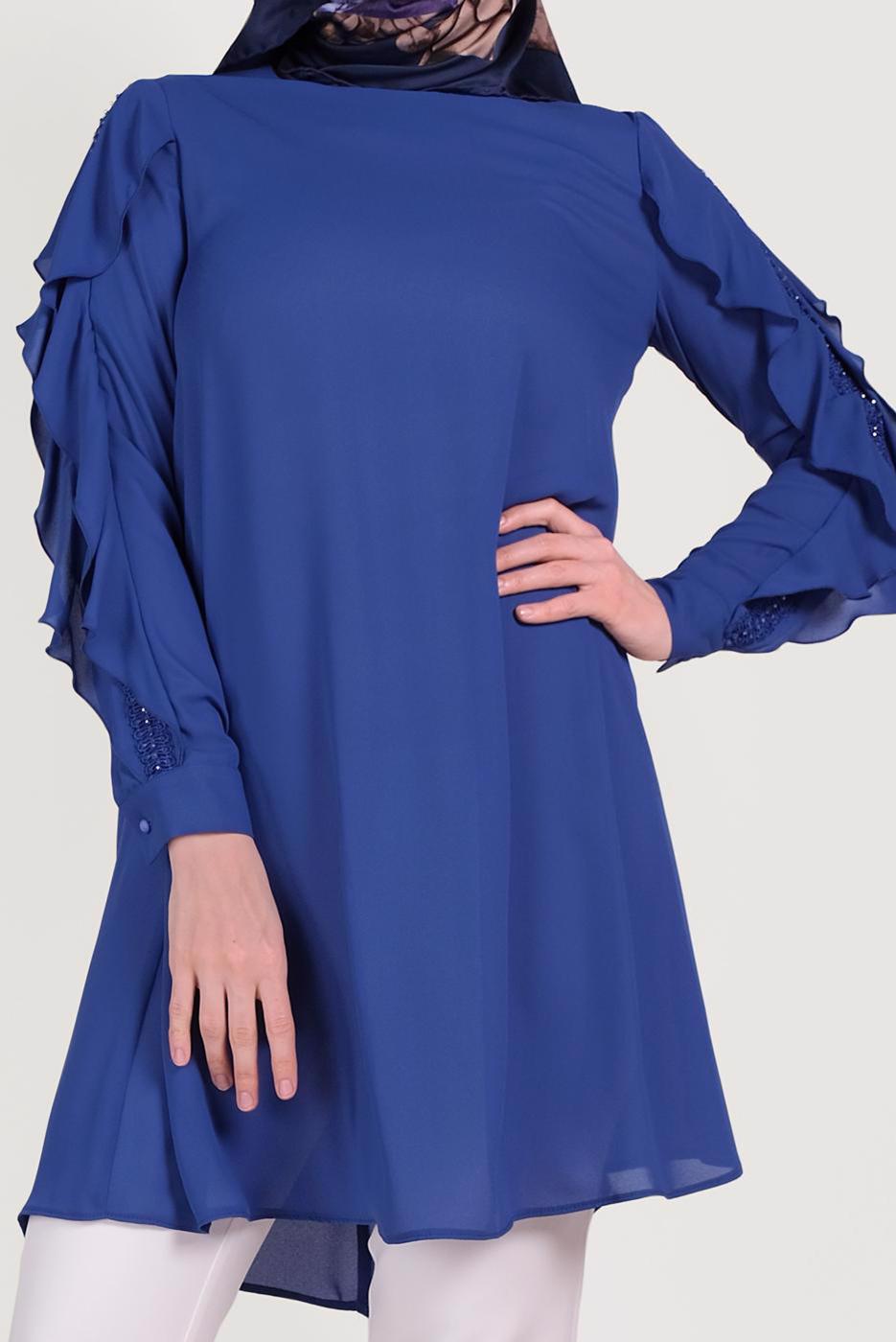 Tesettür giyim LACİVERT ALVİNA KOLLARI FIRFIRLI TUNİK T 40565