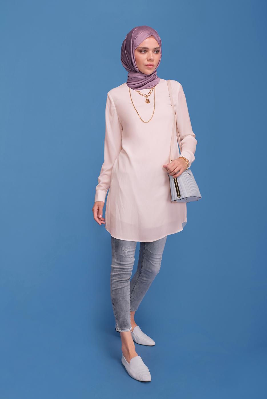 Tesettür giyim KREM ALVİNA BİSİKLET YAKA DÜZ TUNİK T 40849