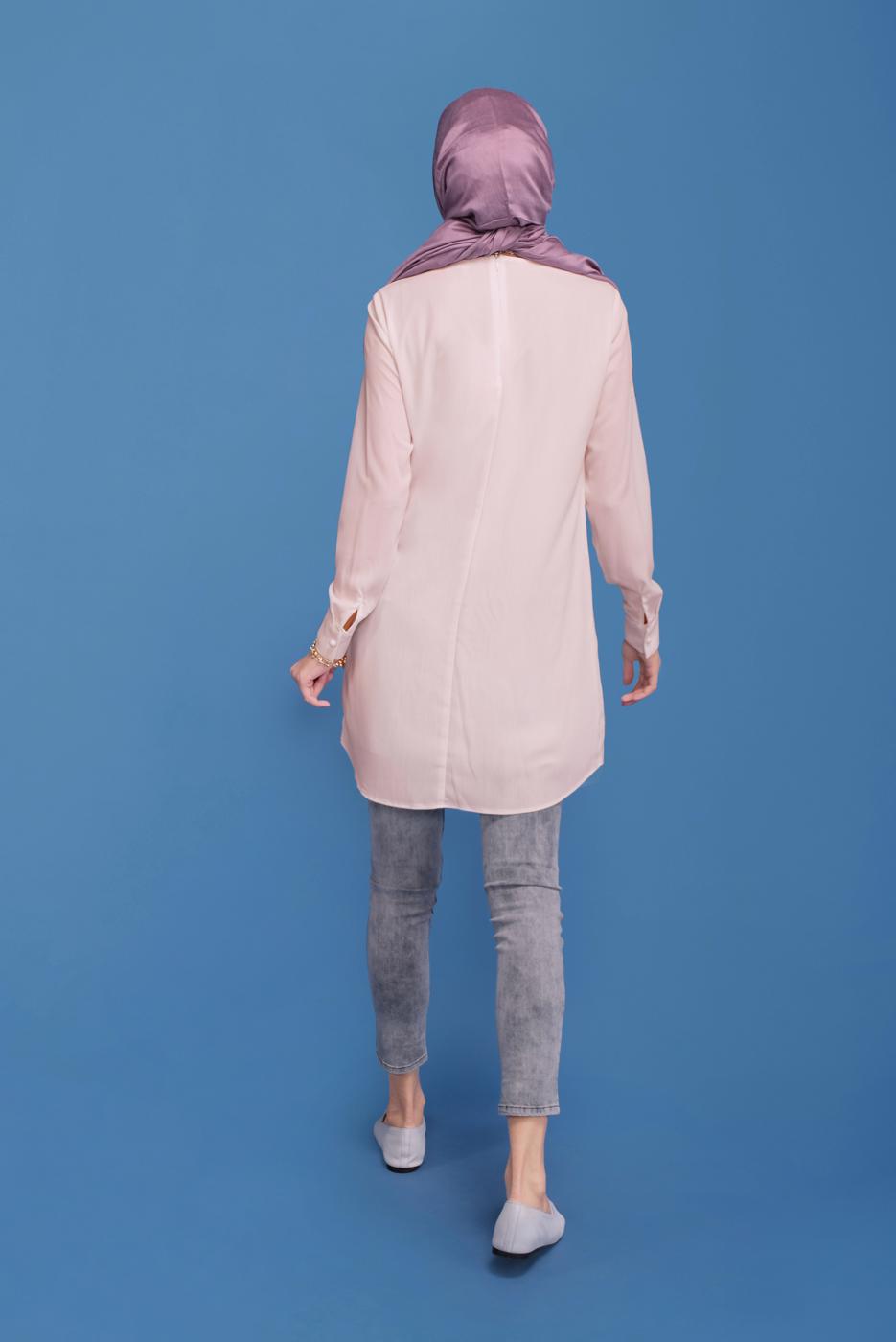 Tesettür giyim KREM ALVİNA BİSİKLET YAKA DÜZ TUNİK T 40849