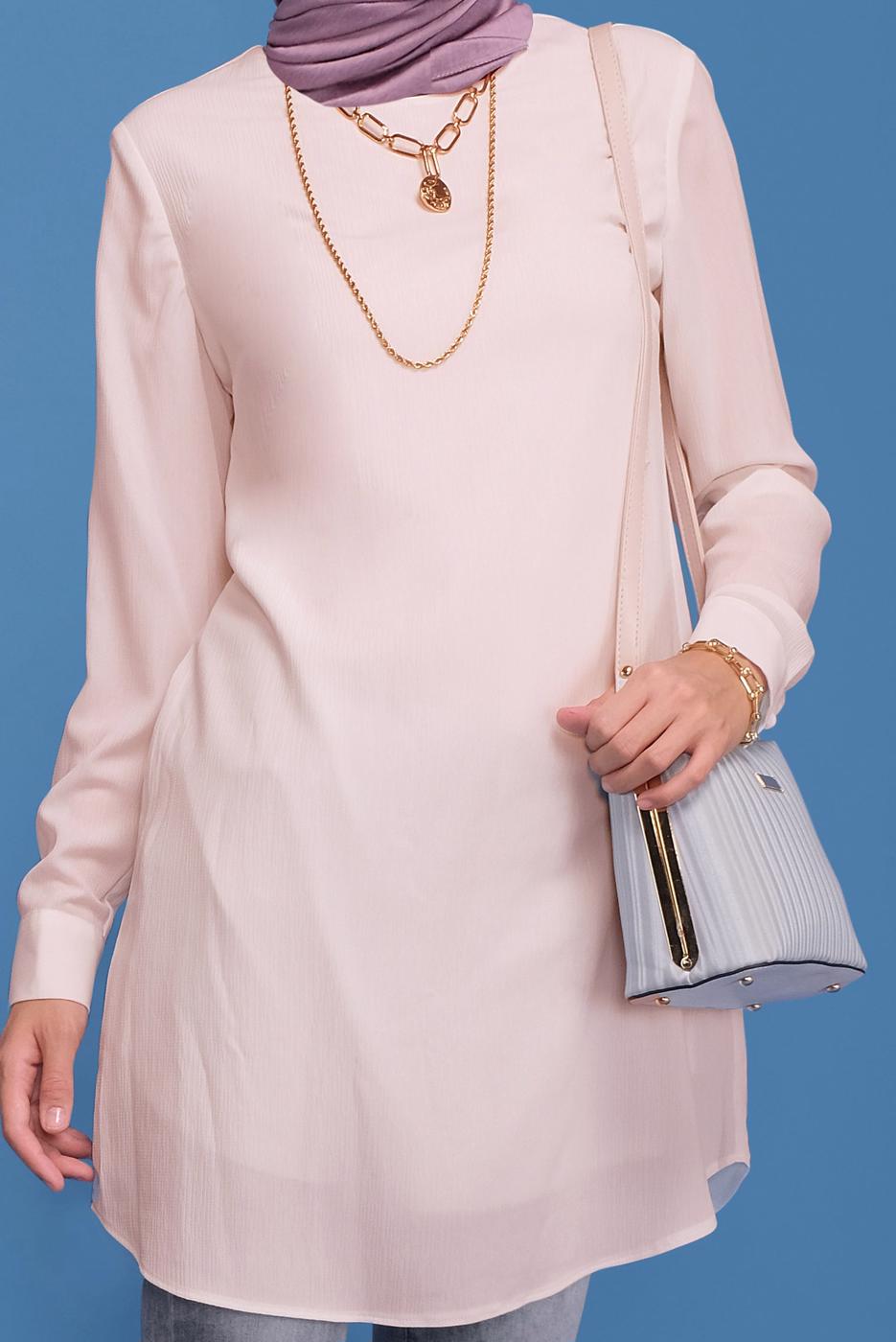 Tesettür giyim KREM ALVİNA BİSİKLET YAKA DÜZ TUNİK T 40849