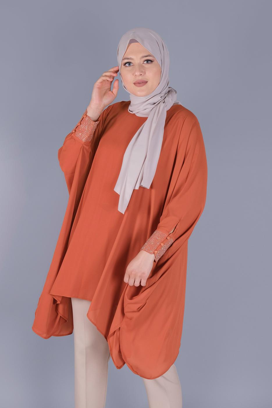Tesettür giyim TABA ALVİNA KOLLARI TAŞ BASKILI ASİMETRİK KESİM TUNİK T 40858