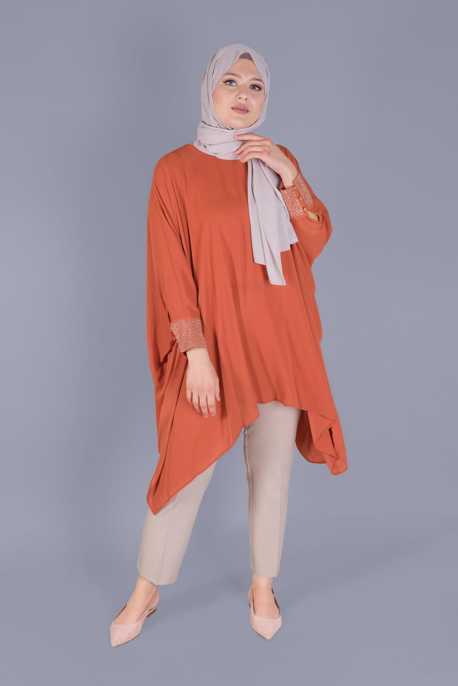 Tesettür giyim TABA ALVİNA KOLLARI TAŞ BASKILI ASİMETRİK KESİM TUNİK T 40858
