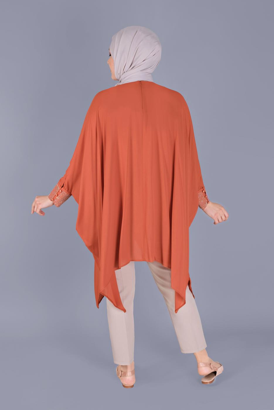 Tesettür giyim TABA ALVİNA KOLLARI TAŞ BASKILI ASİMETRİK KESİM TUNİK T 40858