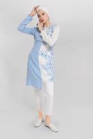 Tesettür giyim MAVİ ALVİNA ÇİÇEK DESENLİ KUŞAKLI TUNİK T 40865