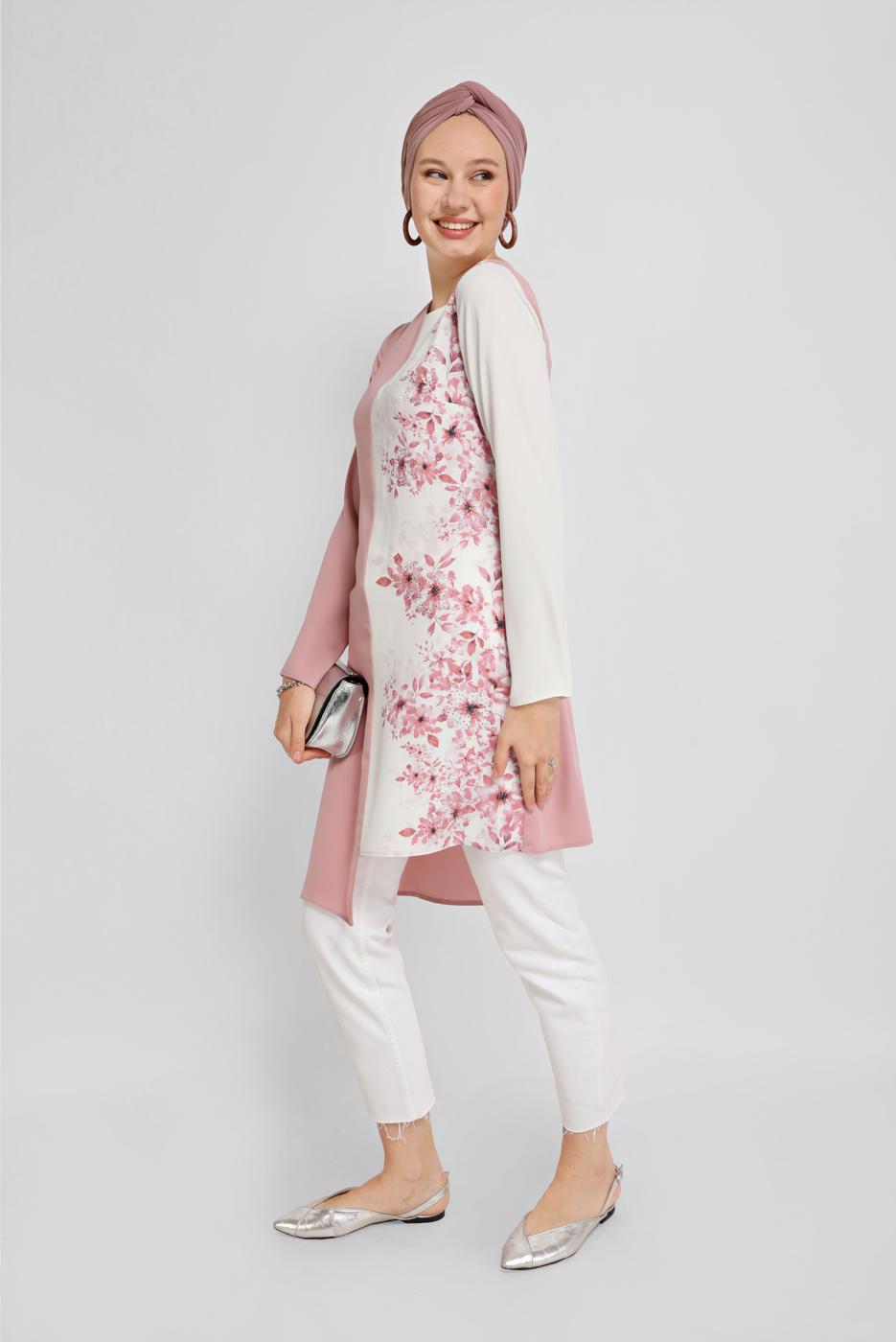 Tesettür giyim PUDRA ALVİNA ÇİÇEK DESENLİ KUŞAKLI TUNİK T 40865