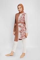 Tesettür giyim KAHVE ALVİNA ÇİÇEK DESENLİ KUŞAKLI TUNİK T 40865