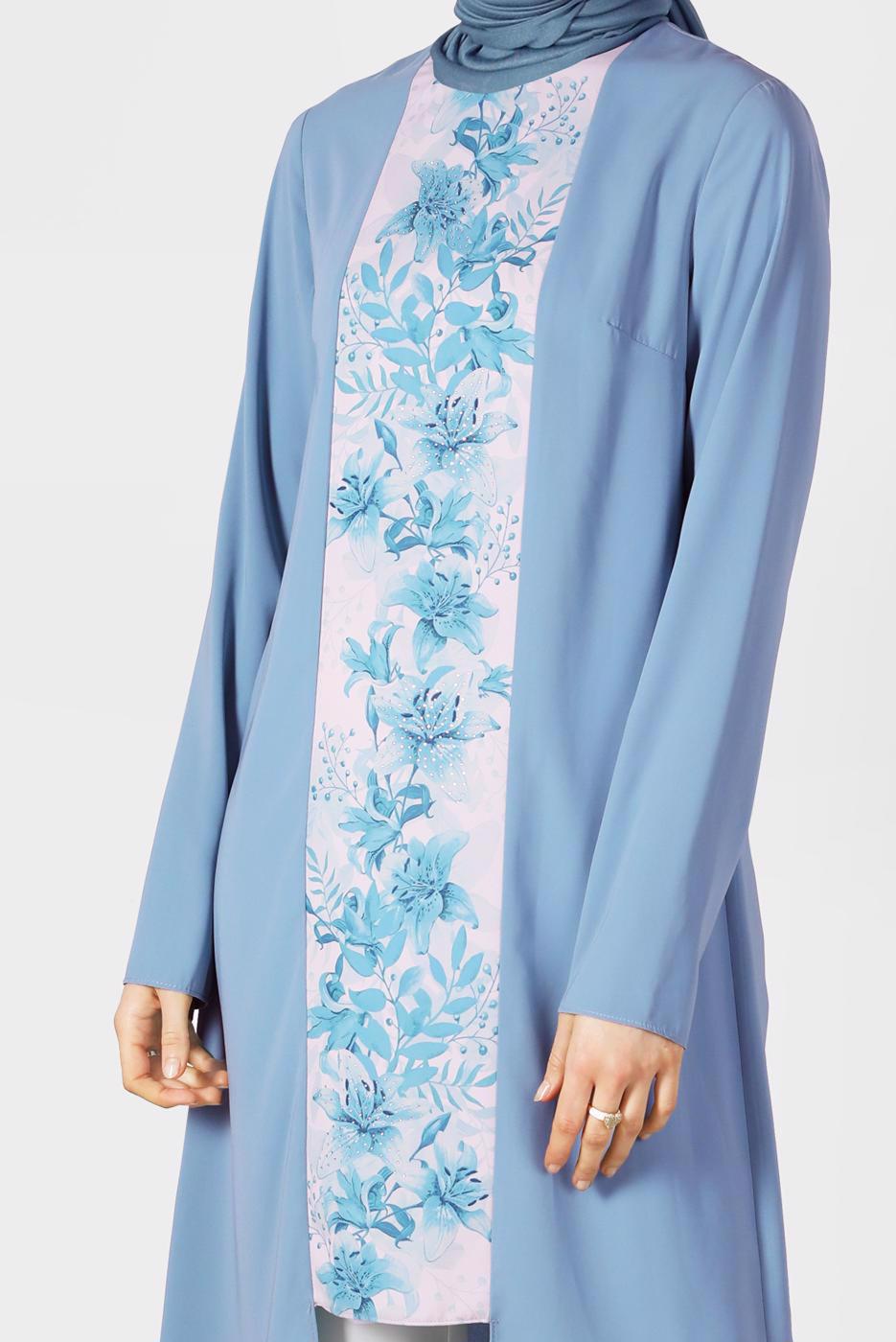 Tesettür giyim MAVİ ALVİNA ÇİÇEK DESENLİ ASİMETRİK KESİM TUNİK T 40879