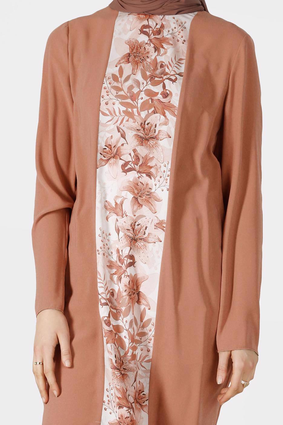 Tesettür giyim KAHVE ALVİNA ÇİÇEK DESENLİ ASİMETRİK KESİM TUNİK T 40879