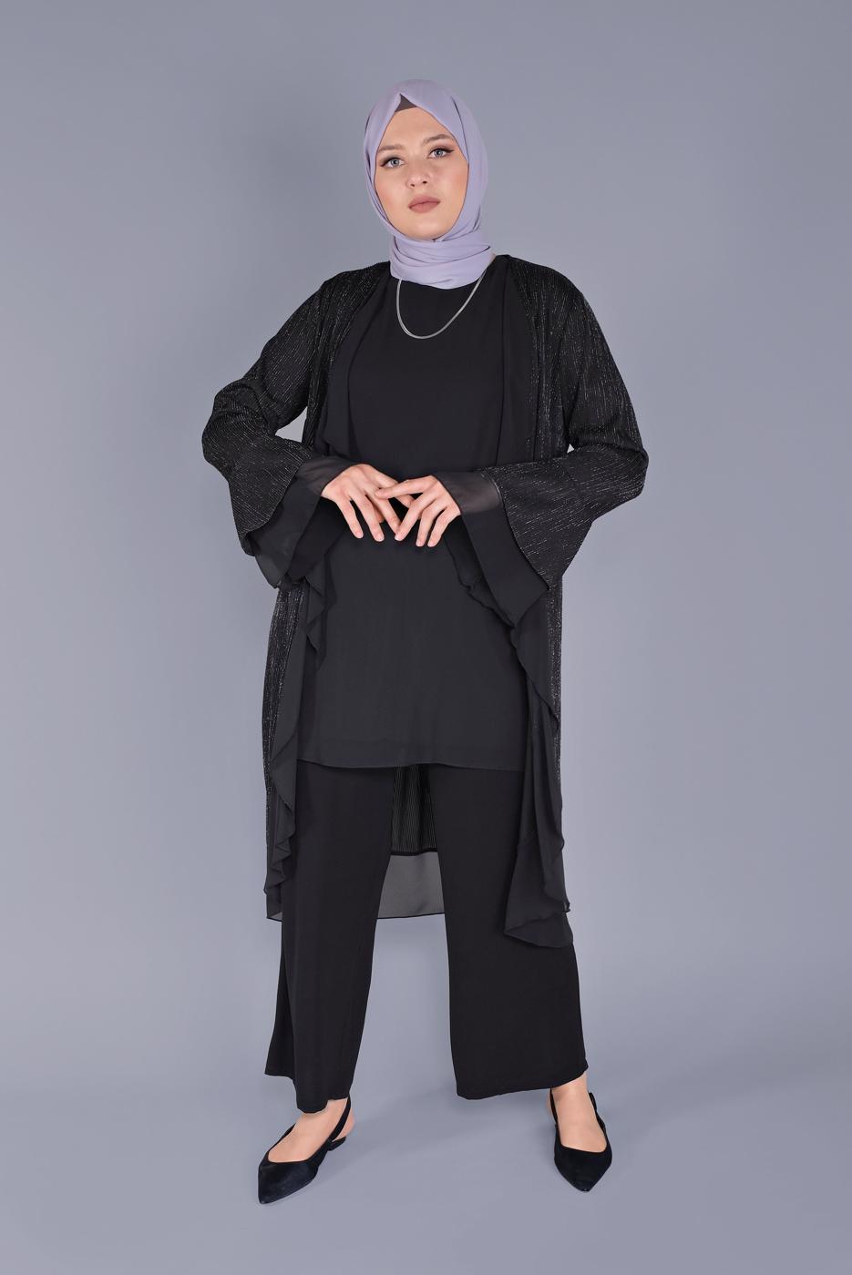 Tesettür giyim SİYAH ALVİNA VOLANLI ŞİFON DETAYLI SİMLİ İKİLİ TUNİK T 40889