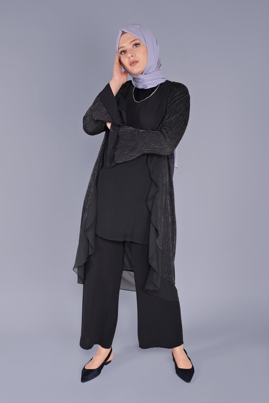 Tesettür giyim SİYAH ALVİNA VOLANLI ŞİFON DETAYLI SİMLİ İKİLİ TUNİK T 40889