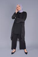 Tesettür giyim SİYAH ALVİNA VOLANLI ŞİFON DETAYLI SİMLİ İKİLİ TUNİK T 40889