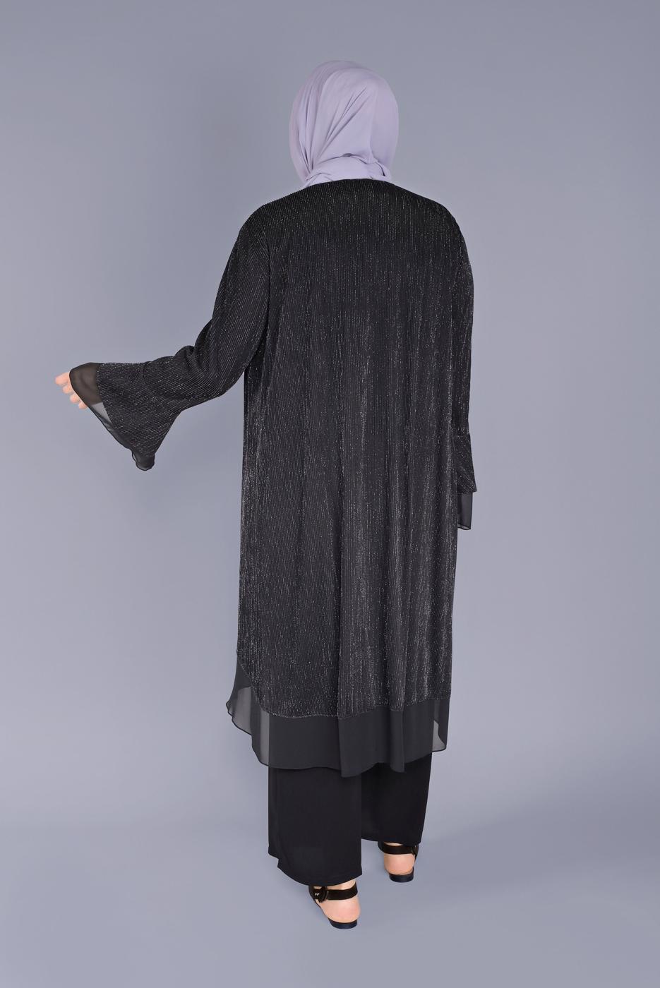 Tesettür giyim SİYAH ALVİNA VOLANLI ŞİFON DETAYLI SİMLİ İKİLİ TUNİK T 40889