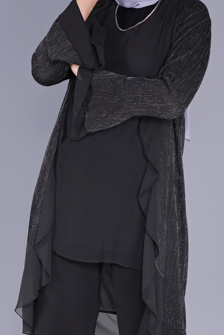 Tesettür giyim SİYAH ALVİNA VOLANLI ŞİFON DETAYLI SİMLİ İKİLİ TUNİK T 40889