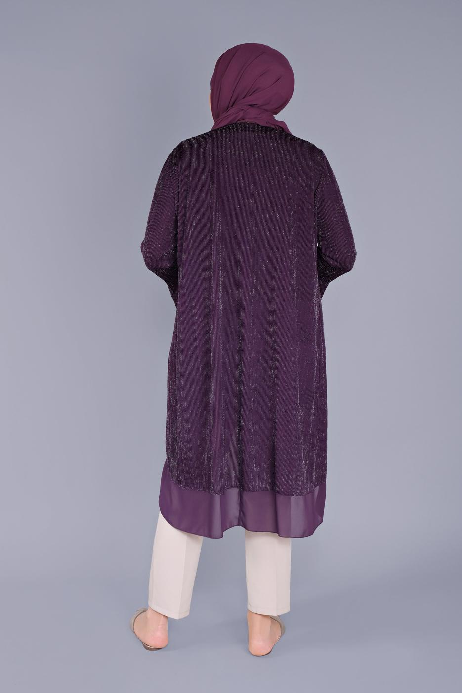 Tesettür giyim MOR ALVİNA VOLANLI ŞİFON DETAYLI SİMLİ İKİLİ TUNİK T 40889