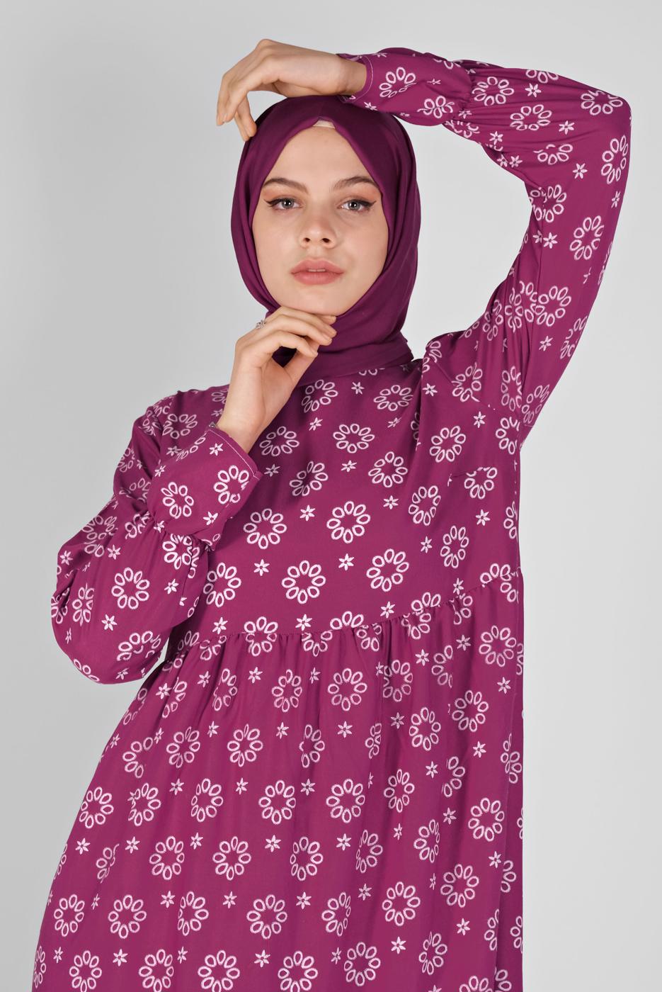 Tesettür giyim FUŞYA MANŞETLERİ LASTİKLİ BASKILI ELBİSE  7054 