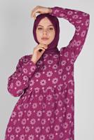 Tesettür giyim FUŞYA MANŞETLERİ LASTİKLİ BASKILI ELBİSE  7054 