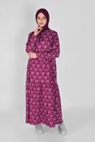 Tesettür giyim FUŞYA MANŞETLERİ LASTİKLİ BASKILI ELBİSE  7054 