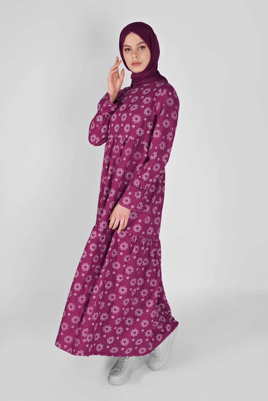 Tesettür giyim FUŞYA MANŞETLERİ LASTİKLİ BASKILI ELBİSE  7054 